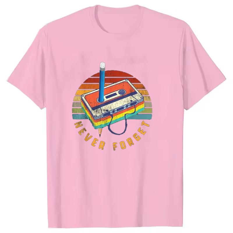 Retro 80s Cassette Tape Pattern Women T-shirt Never Forget Printed Short-sleeved Shirt Soft and Breathable Fabric Round Neck Top