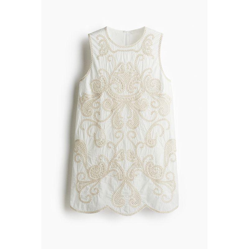 

HM Women clothes Collarless Dress 2025 Summer New Hollow Sleeveless Embroidered Straight One-Piece Dress 1288321 White/Cream 170/104(L)