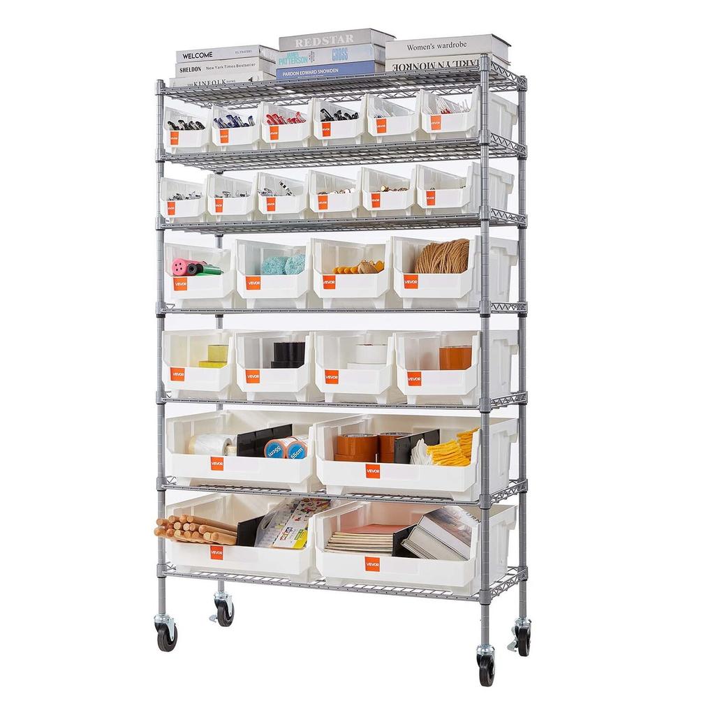 7-Tier Rolling Bin Storage Rack, 24 Organizer Bins, Bin Rack Storage Steel Wire Shelving System with Wheels, Mobile Tool Organizer for Garage,