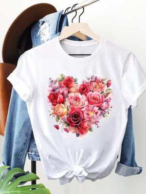 (Asian Size) Trend Love Heart Flower Clothing T Shirt Women Fashion Tee Top Woman Print Female Short Sleeve Graphic T-shirts