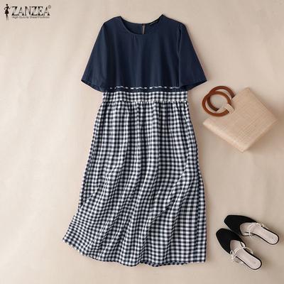 Women Casual Round Neck Short Sleeve Grid Print Patchwork Dress