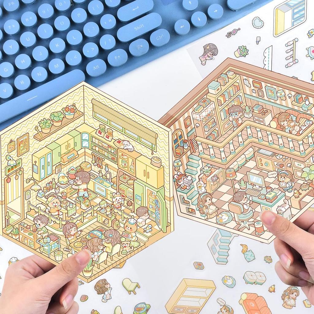 Set of 6 3D House Scene Stickers DIY Miniature House Craft Kit for Kids and Perfect for Killing Time (with tweezers) - Adults, (Style 3)