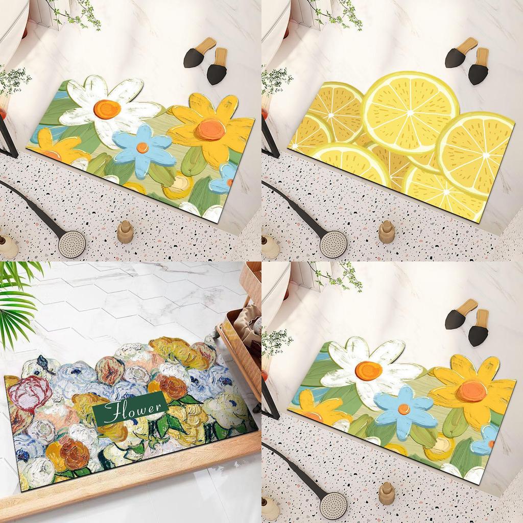 Colorful Lemon Cherry Blossoms Floral Patterns Pattern Diatom Mud Floor Mat For Living Room