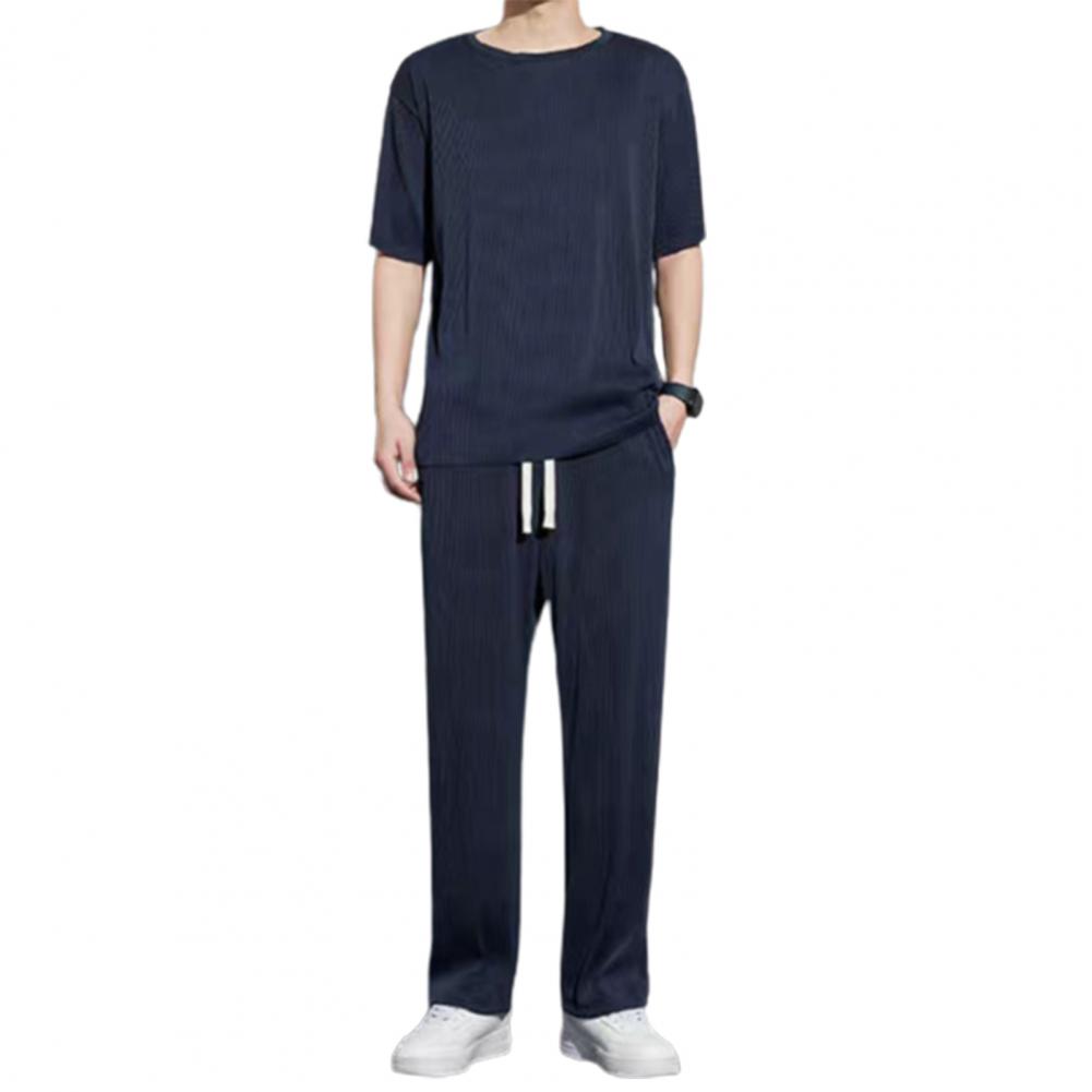 2Pcs/Kit Men Summer Leisure Outfit O-neck Short Sleeve T-shirt Elastic Drawstring Waist Wide Leg Long Pants Kit One Tone Casua