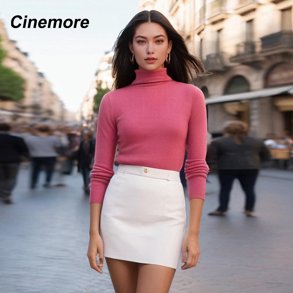 Cinemore Women's Sweater Solid Oversize Casual Pullovers Shirt Warm High Neck Basic Knitted Jumper Cashmere Bottoming Top