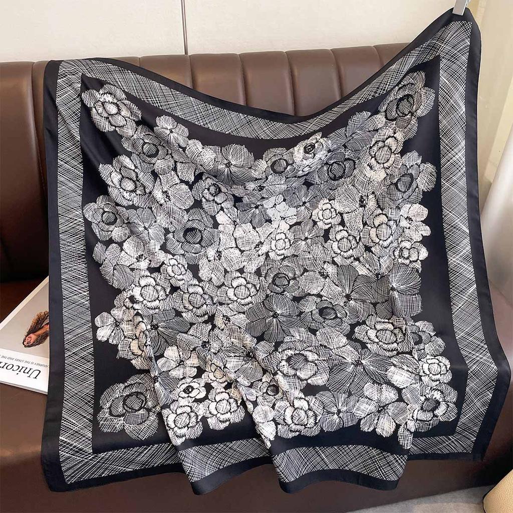 New Luxury  Floral Printed Scarf 90Cm Large Square Scarf Twill Silk Headscarf Shawl For Women Scarves