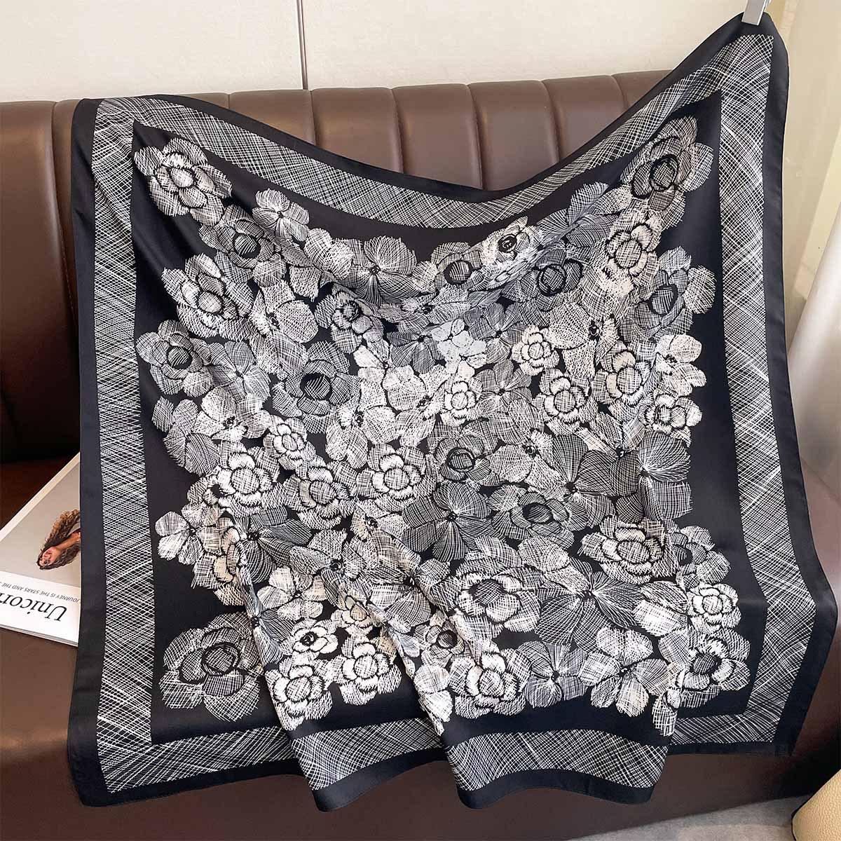 New Luxury  Floral Printed Scarf 90Cm Large Square Scarf Twill Silk Headscarf Shawl For Women Scarves 90X90CM