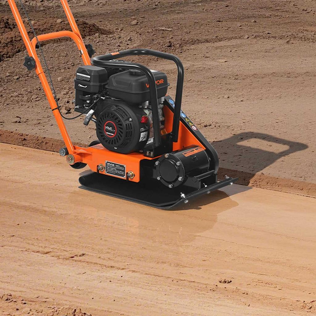Plate Compactor, 6.5 HP 196CC Gas Engine, 5600 VPM Vibrating Ground Rammer, 10.5 kN Compaction Force, 51 X 37 Cm Plate, Walk Behind Compactor for