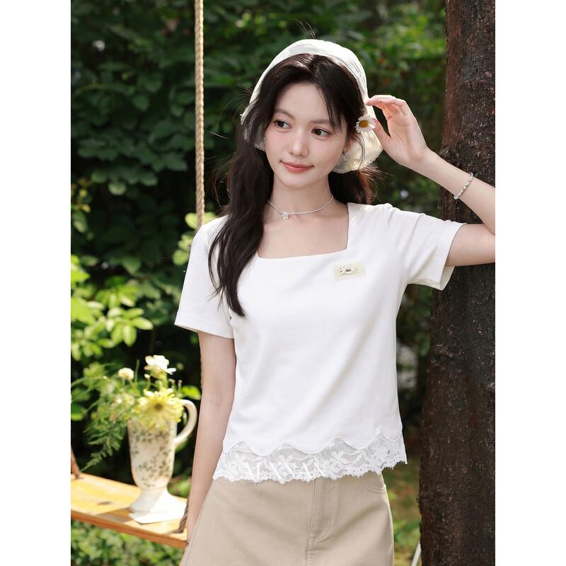 Women s Square Neck Lace Trim Short Sleeve T-Shirt M