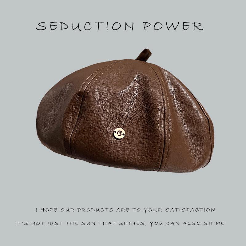 Beret Women's Autumn and Winter New Face-showing Small Octagonal Hat Korean Style Street Fashion Versatile PU Leather Hong Kong Style Pumpkin Hat