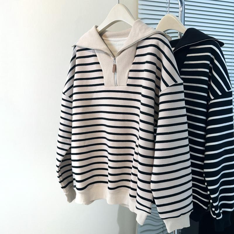 Women Plus Size Striped Half Zip Turn Down Collar Loose Thin Pullover Sweatshirt