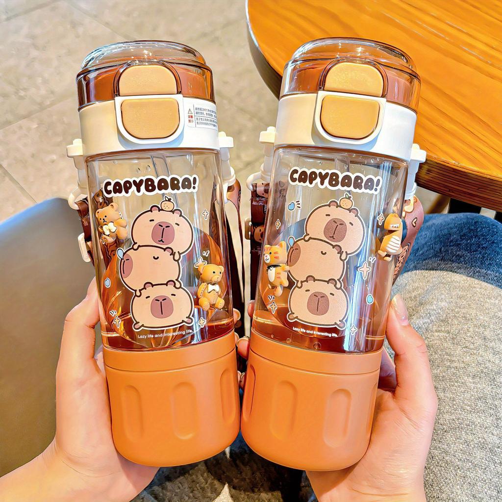 580ml Cute Dolphin Cartoon Plastic Water Bottle with Straw and Adjustable Shoulder Strap, Suitable for Summer and Travel