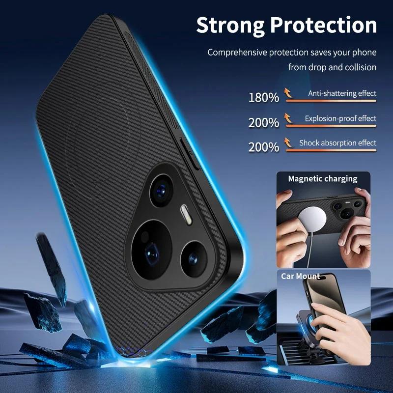 Carbon Fiber Texture Phone Case For Huawei Pura 70 Pro Magnetic Wireless Charging Shockproof Matte Silicone Soft Back Cover Case