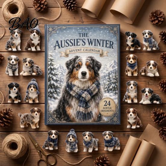 Acrylic Australian Shepherd Collectibles The Aussie's Winter Advent Calendar, 24-Day Countdown Ornament Set Collectible Figurines with Mini