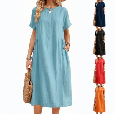 Women Short Sleeve Loose Fit Midi Dress Casual Crew Neck Summer Dress with Pockets Soft Lightweight Fabric