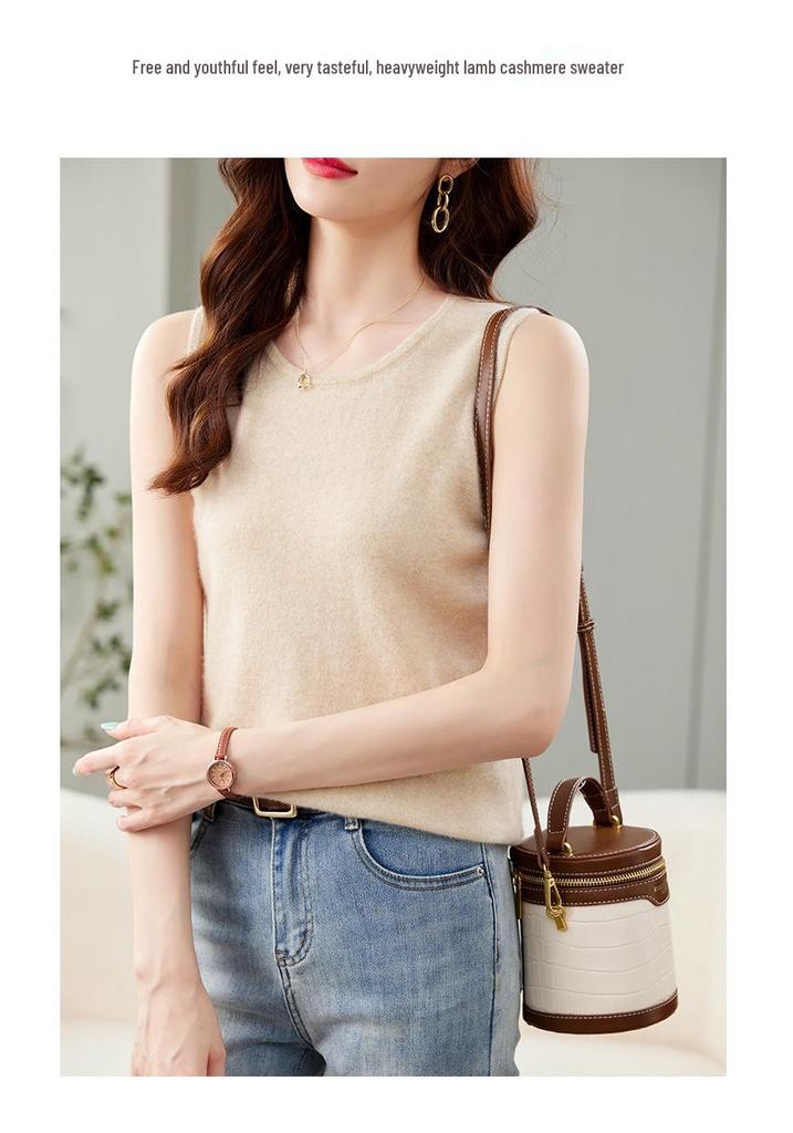 Women's 100% Cashmere Round Neck Spaghetti Strap Knit Vest - New Autumn/Winter Style Sleeveless Base Layer.