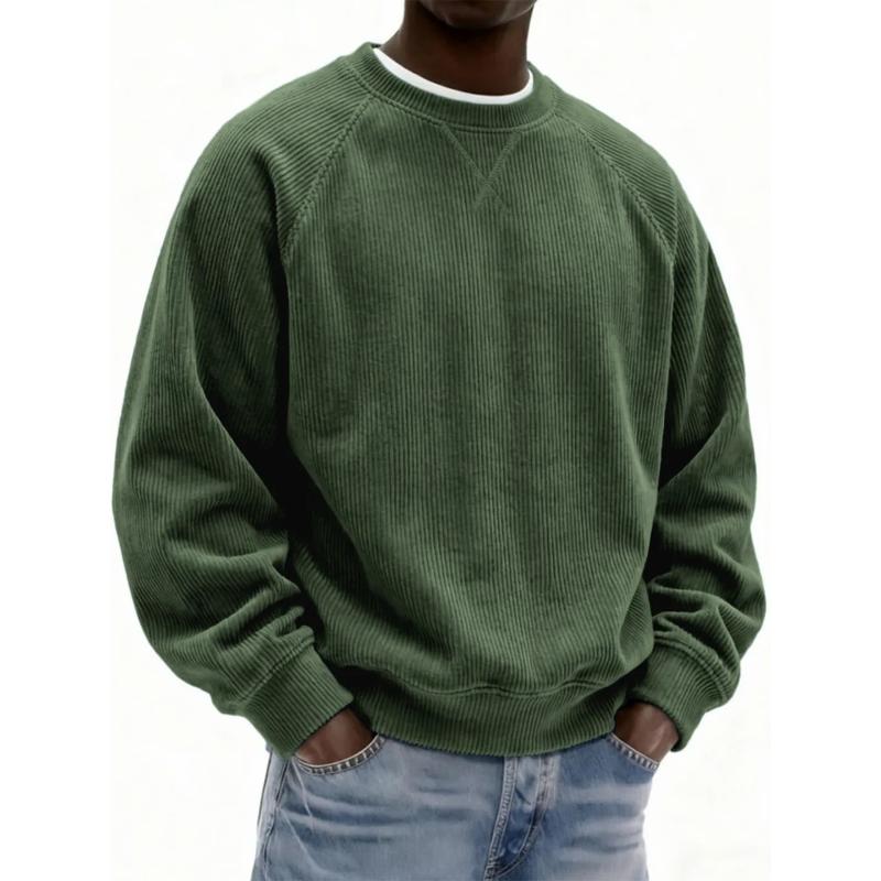 Pánská šedá manšestrová mikina s kulatým výstřihem, oversized, dlouhý rukáv, ležérní, pohodlná, pro každodenní nošení, pulovr s prošívaným detailem