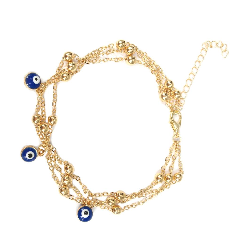 Gold Anklet with Eye Charm, Multi-Layer Bead Chain, Trendy Alloy Anklet for Women