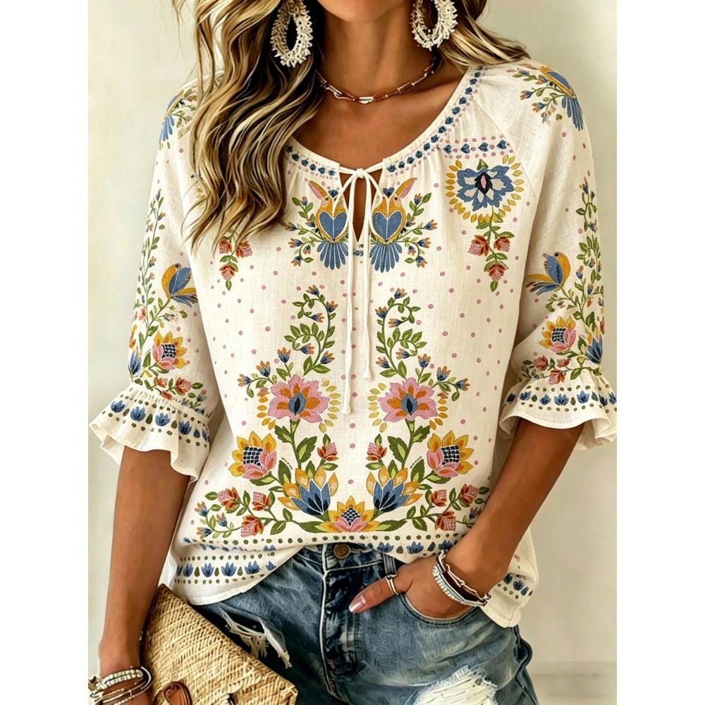 Women's Beige Multicolor Floral Print Tie Neck Blouse, Casual Loose Tops for Spring Summer Daily Wear & Vacation Occasions