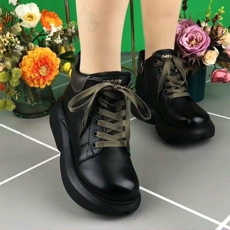 Snow boots soft leather fashion thick-soled soft-soled Martin boots women's 2025 winter lace-up piled thickened snow boots cotton boots
