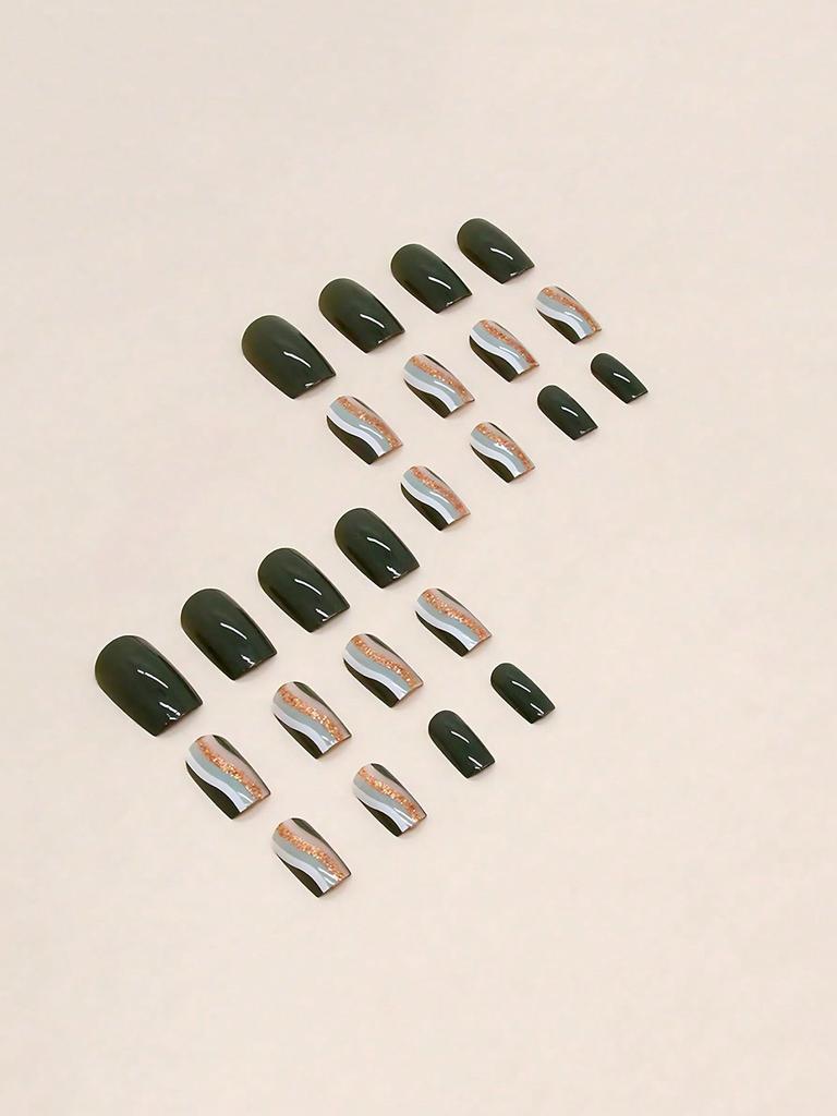 24 Pieces Of Coffin Army Green Flash Ripple Line Short Fake Nails +1 Piece Of Jelly Glue +1 Piece Of Rub For Women