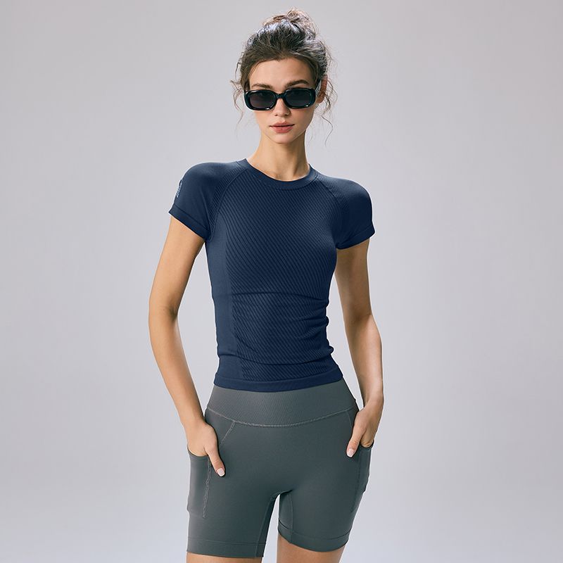 

Спортивная одежда для йоги Футболка с коротким рукавом Женский весенне-летний боди Дышащая эластичная быстросохнущая одежда для тренировок пилатеса Футболка Navy S