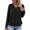 Women's V-neck Pleated Solid Color Casual Long-sleeved Loose T-shirt Top