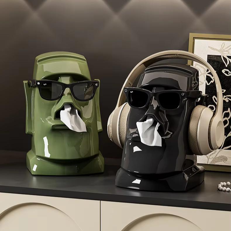 Shinest Eco-friendly Vinyl 2025 Creative Modern Art Moai Tissue Box Multifunctional Home Office Accessory Headphone Glasses