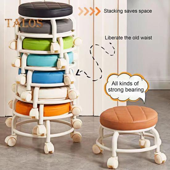 Nízká rolovací stolička s otočnými koly o 360 stupňů Polstrované sedátko z umělé kůže s kovovými nohami Robustní otočná sedací stolička