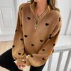 Women's Knit Long Sleeve Zip-Up Sweater with Heart Pattern for Casual Wear