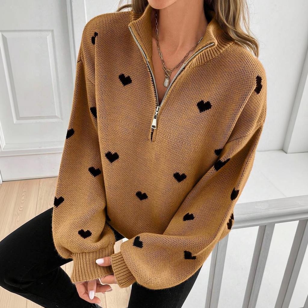 Women's Knit Long Sleeve Zip-Up Sweater with Heart Pattern for Casual Wear