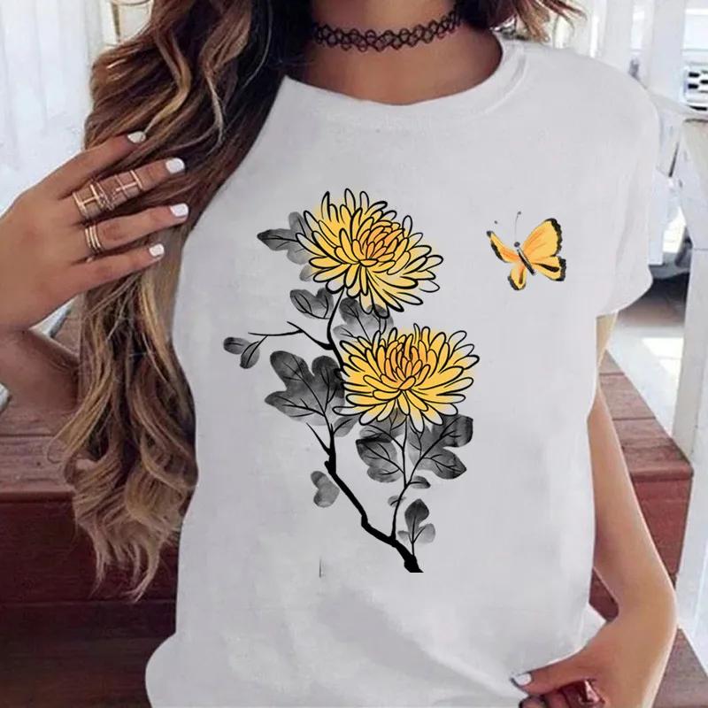 Woman Butterfly Tree Print Harajuku Summer Tshirts Casual Round Neck Short Slee Top Tee Shirt Women Black T-shirt Drop Ship