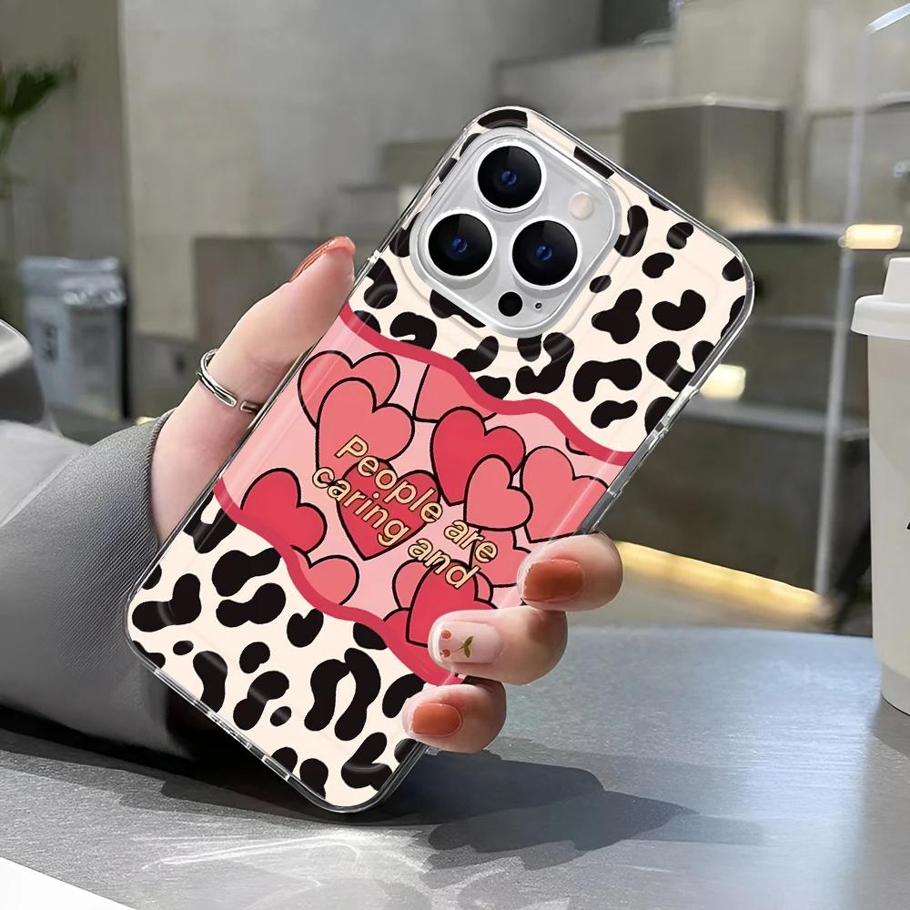 INS Leopard Print Love Phone Case For iPhone 13 15 11 14 12 16 Pro Max 7 Plus 16e XR XS Max SE 2022 Soft TPU Transparent Cover