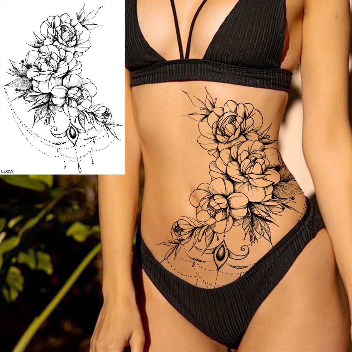 

Черный цветок, луна, временные татуировки для женщин и девочек, реалистичная змея, цветок, бедро, лицо, череп, поддельные татуировки, наклейки, татуировки на ноги