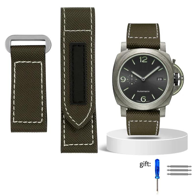 24mm High Quality Nylon Fabric Watch Band Fit for Panerai Luminor PAM01118 Army green Canvas Genuine Leather Strap Bracelet
