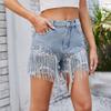Women's Mid Rise Straight Leg Short Denim Shorts Street Style Fringe Beaded Distressed Hot Shorts