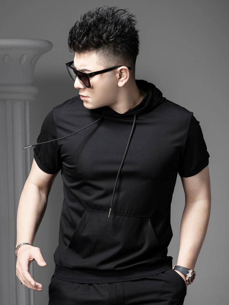 European Style 2025 Summer New Hooded Short-Sleeve T-Shirt Men's Trendy Slim-Fit Top Solid Color Hoodie Half-Sleeve Sweatshirt