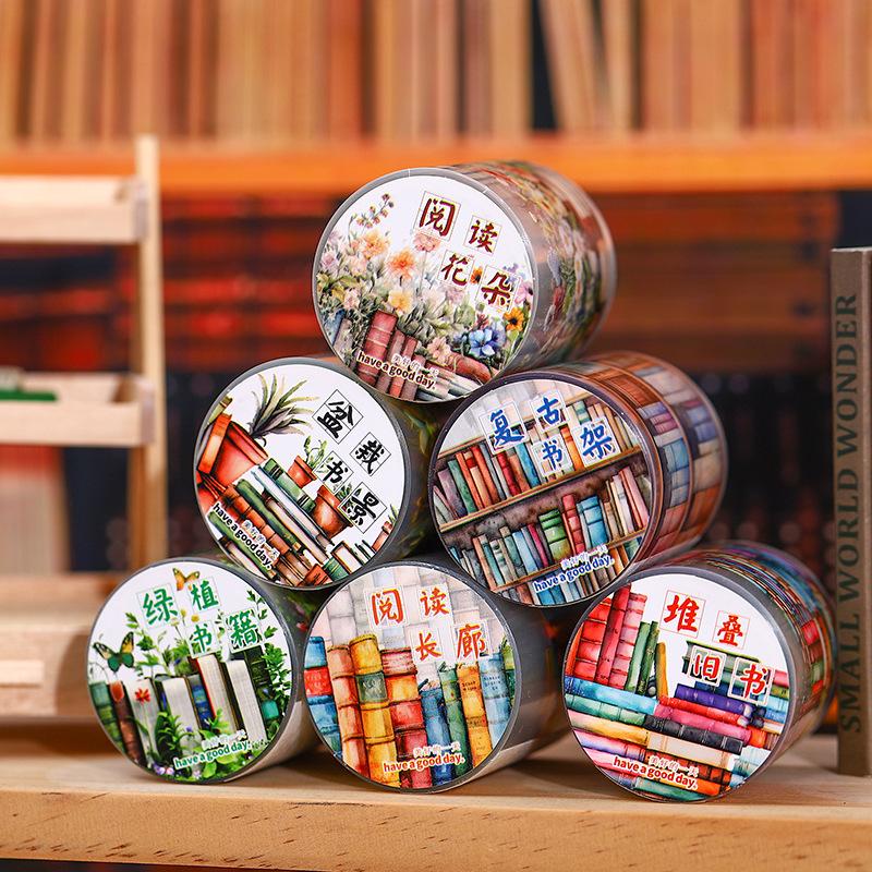 1roll Reading Scene-Building Themed Tape Stickers, Book & Bookshelf Designs for Hand Account Decoration & DIY Crafts