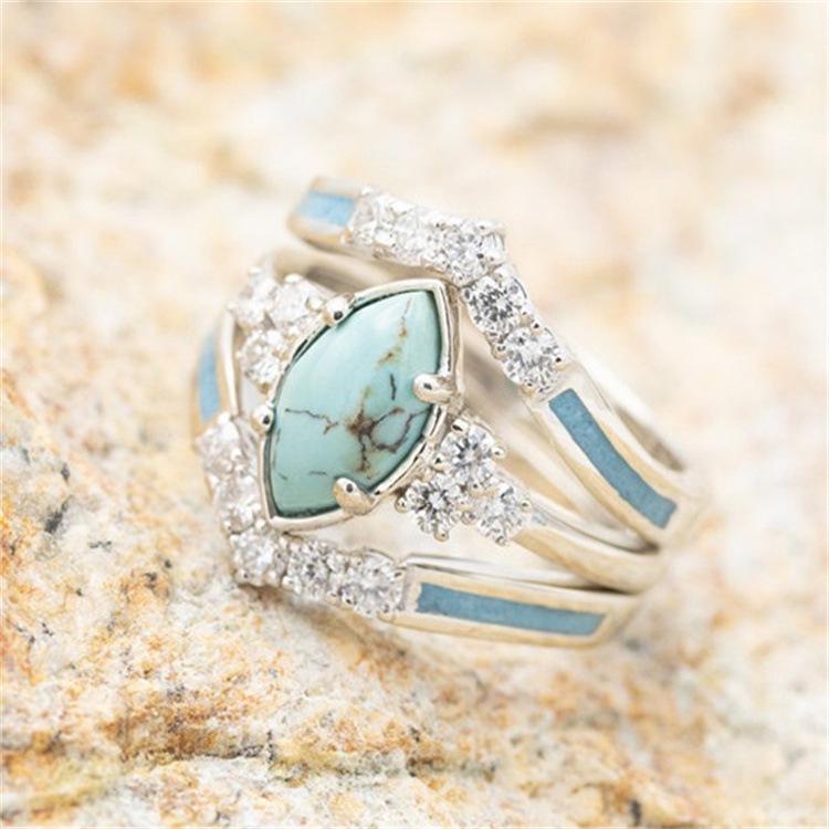 Retro Three-Piece Diamond and Turquoise Stackable Ring Set for Women