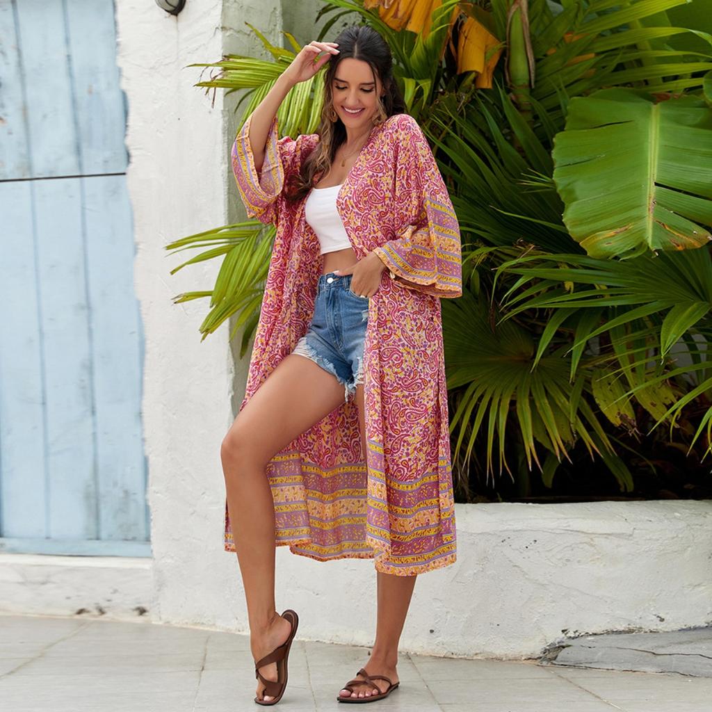 2 color cotton print vacation beach dress sexy belt dress sunscreen cardigan 3827