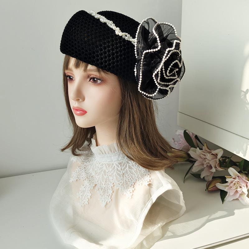 French Style Elegant Pearl Trim Flower Beret Hats Women Vintage Mesh Pillbox Caps Fashion Casual Travel Headwear Wedding Party