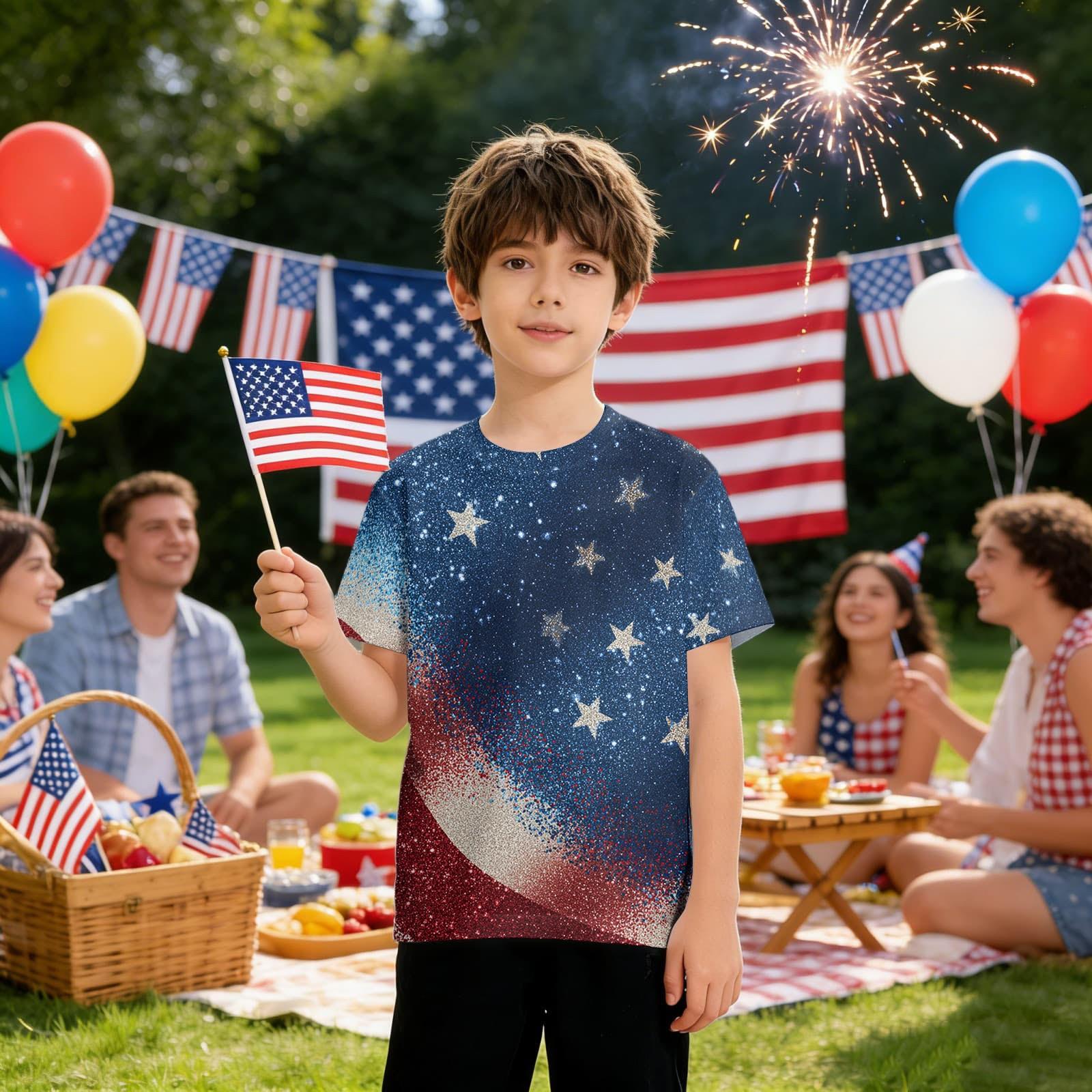 

Kids Short Sleeve Crew Neck Casual T Shirt Independence Day Fireworks Print Soft Breathable Fabric Summer Top for Boys Girls 100