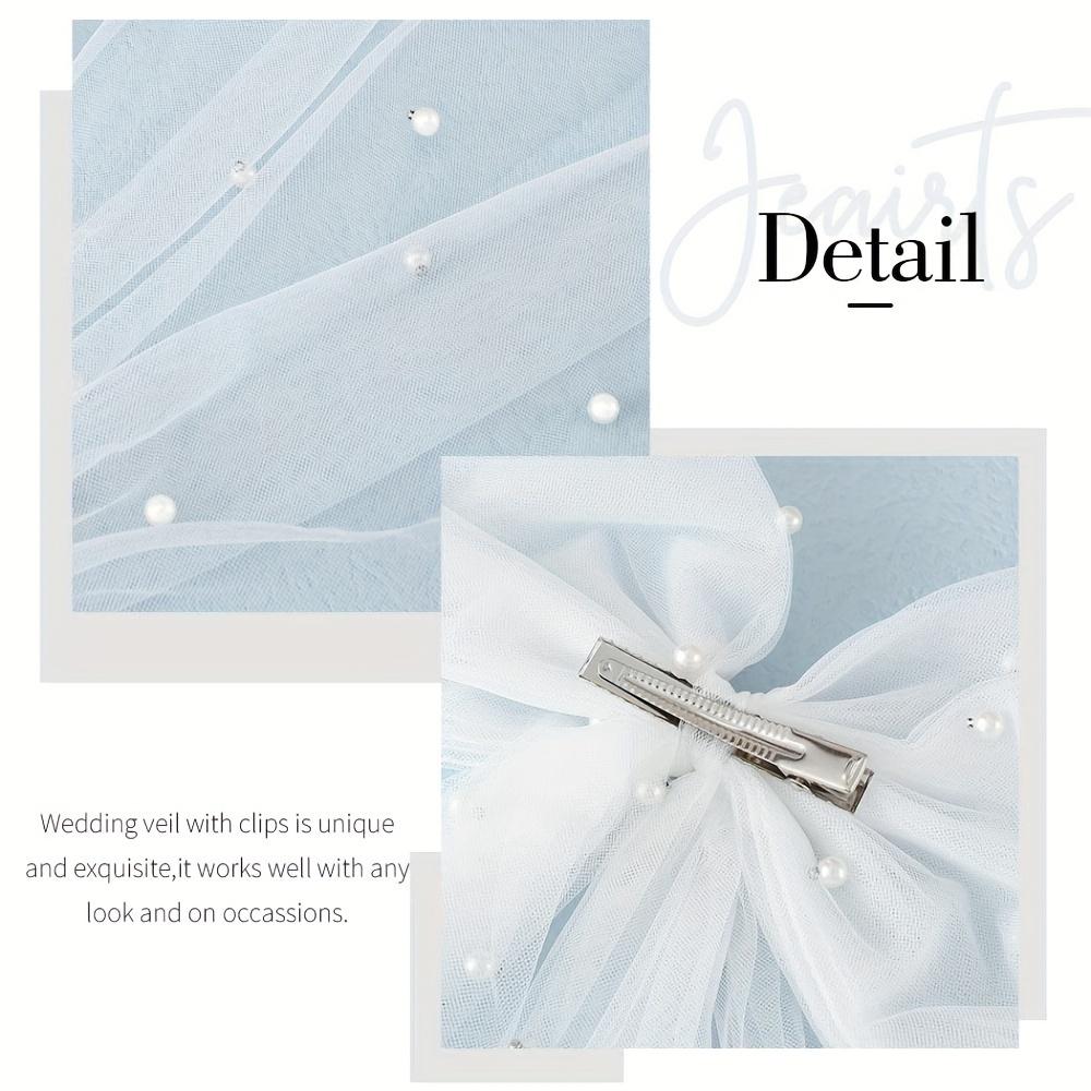 Elegant Bridal Bow Veil with Imitation Pearls White Tulle Clip-on Wedding Accessories