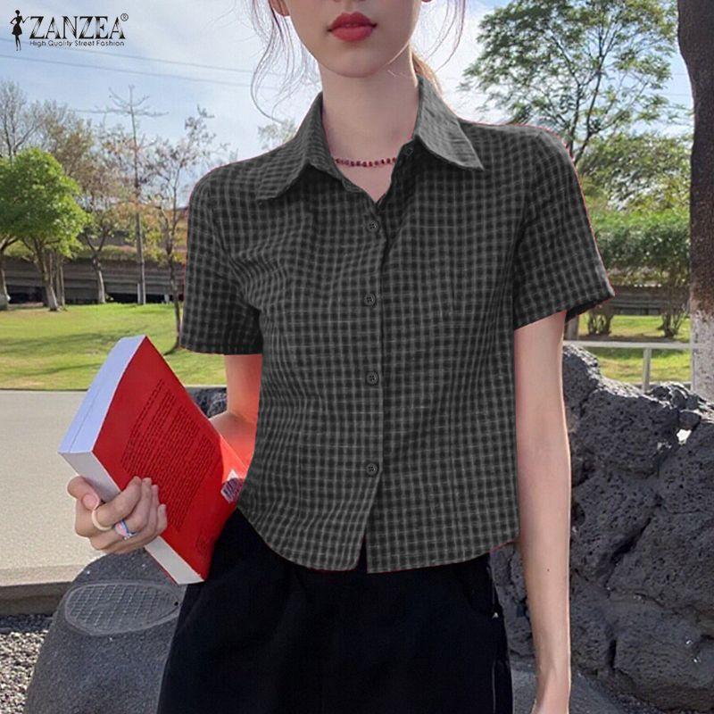 ZANZEA Women Casual Turn Down Collar Short Sleeve Grid Print Blouse
