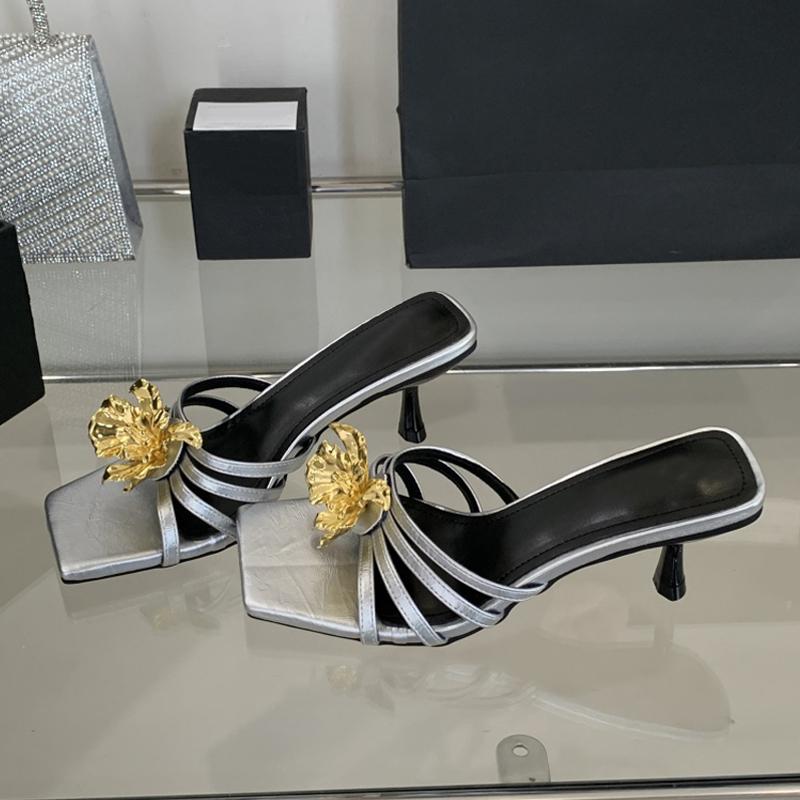 Fashion Liyke Elegant Square Toe Mules Low Thin Heels Modern Slippers Metal Flowers Designer Sandal Women Summer Party Prom Shoes White