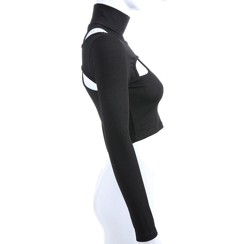 Y2K Hollow Off Shoulder Bottom Γυναικείο κοντό μπλουζάκι με ανοιχτό αφαλό Slim Fit Fake Two Piece Top