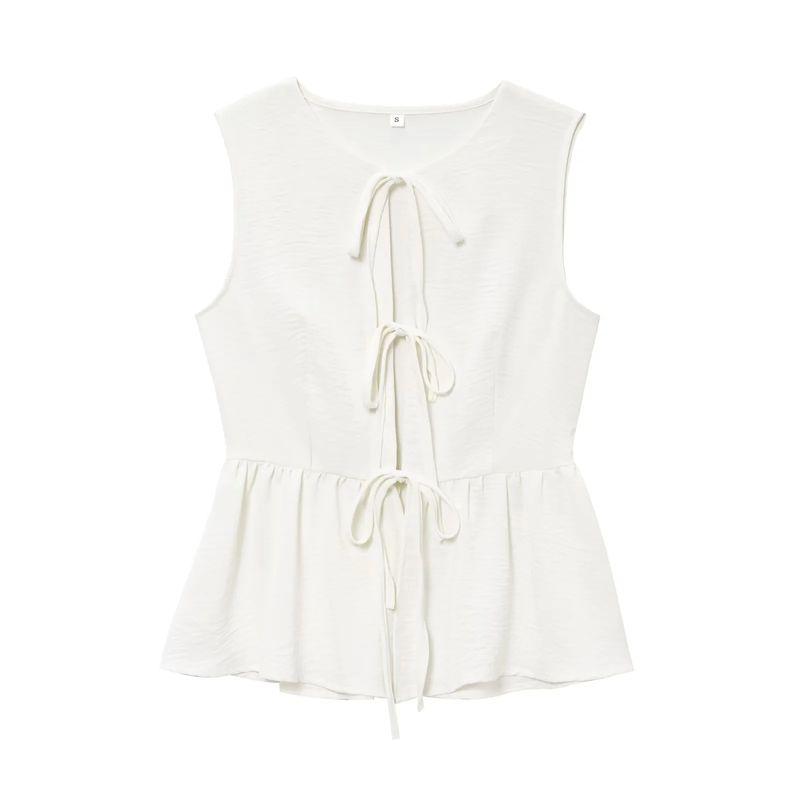 Spring and Summer New Women's Clothing Minimalist Wind round Neck Sleeveless Short Shoelace Tops Loose Vertical Horn Pants