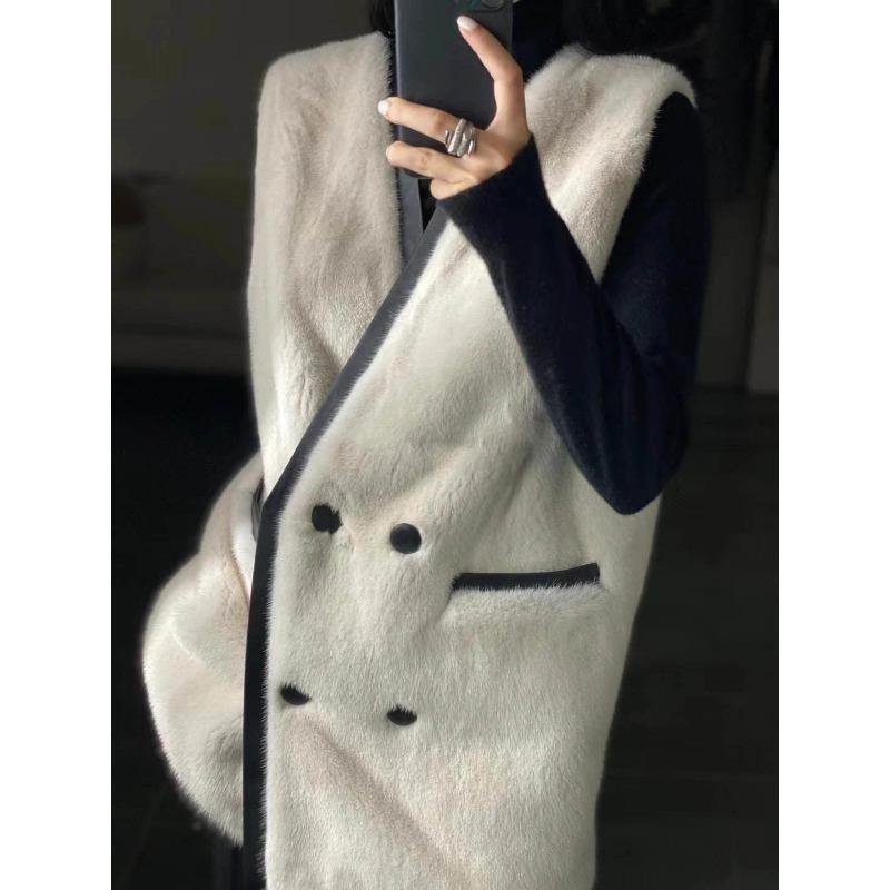 Autumn and Winter Women's Long Faux Mink Fur Vest with V-neckline and Splicing Faux Leather