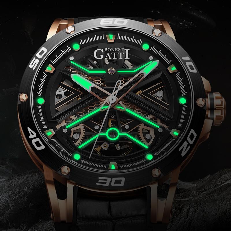 BONEST GATTI BG4601 Automatic Mechanical Men's Watch Round Dial Skeleton Luminous Waterproof Business Sports Wristwatch for Men