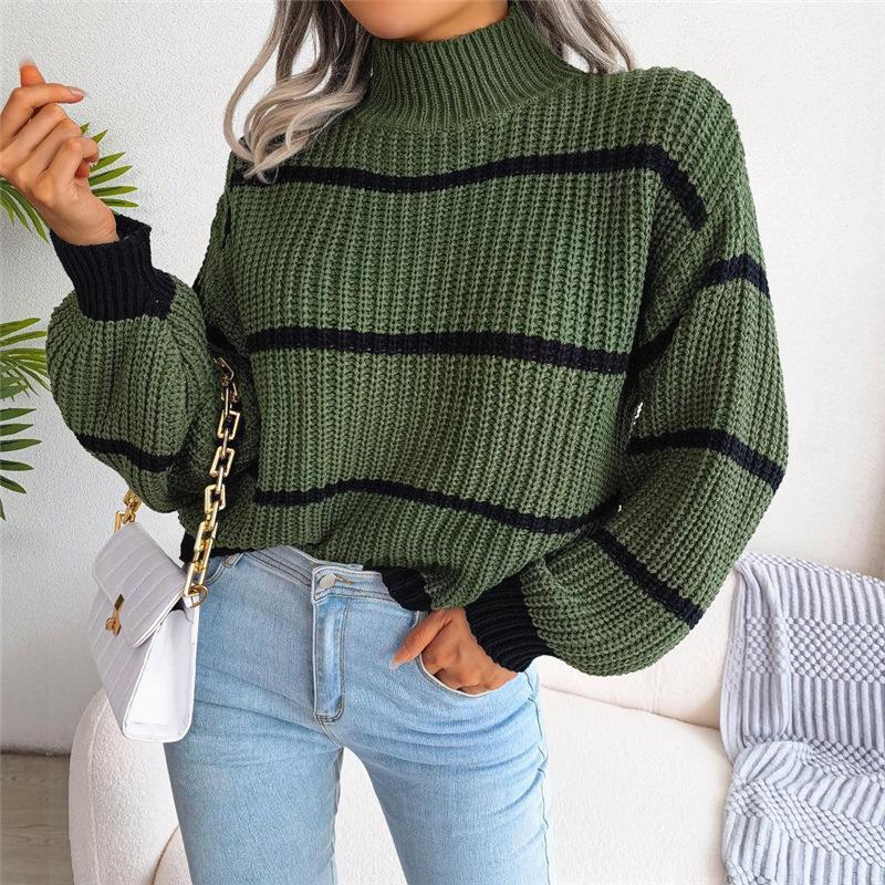 Winter Half High Collar Striped Patchwork Sweater Ladies Loose Casual Simple All-match Pullover Women Knitting Top